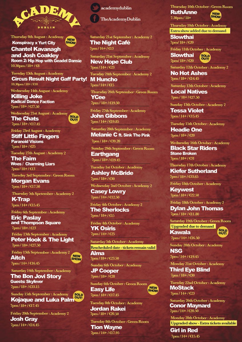 academydublin's tweet photo. 🚨 THE ACADEMY LISTINGS COMPETITION - WIN TICKETS FOR THE GIG OF YOUR CHOICE! 🚨

Follow us, RT + reply to us with which 1 you'd love to go to &amp; you could WIN a pair of tickets for that show!

You can also enter on facebook and instagram!

Winner picked on Tuesday! https://t.co/yEYjpzc9Nd
