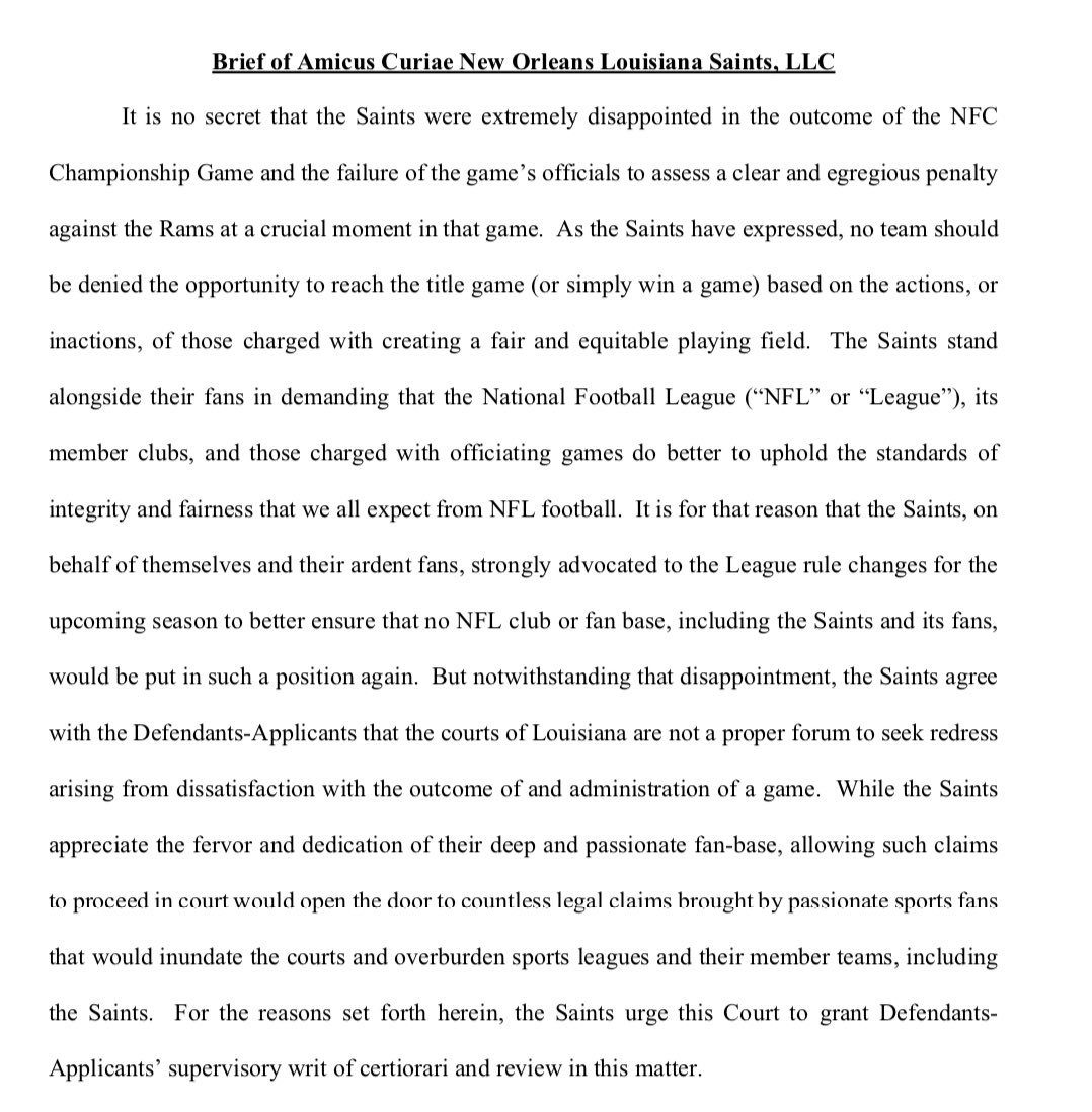 darrenrovell's tweet photo. Uh Oh: Saints back NFL in brief to the court in fans lawsuit against league in no call pass interference that could have cost team Super Bowl trip. https://t.co/CN4EtFWhPZ
