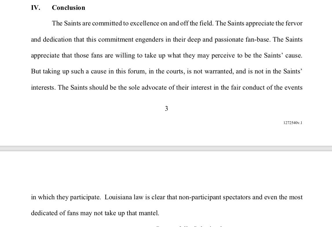 darrenrovell's tweet photo. Uh Oh: Saints back NFL in brief to the court in fans lawsuit against league in no call pass interference that could have cost team Super Bowl trip. https://t.co/CN4EtFWhPZ