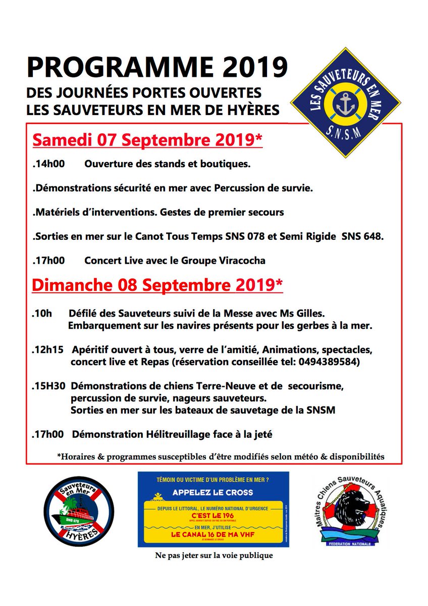 Venez nombreux les 7 et 8 septembre aux journées portes ouvertes de la station, au Port Saint-Pierre, à Hyères :
- samedi 7 à partir de 14h 
- dimanche 8 à partir de 10 h

A terre, ce sont les Sauveteurs en Mer qui ont besoin de vous!