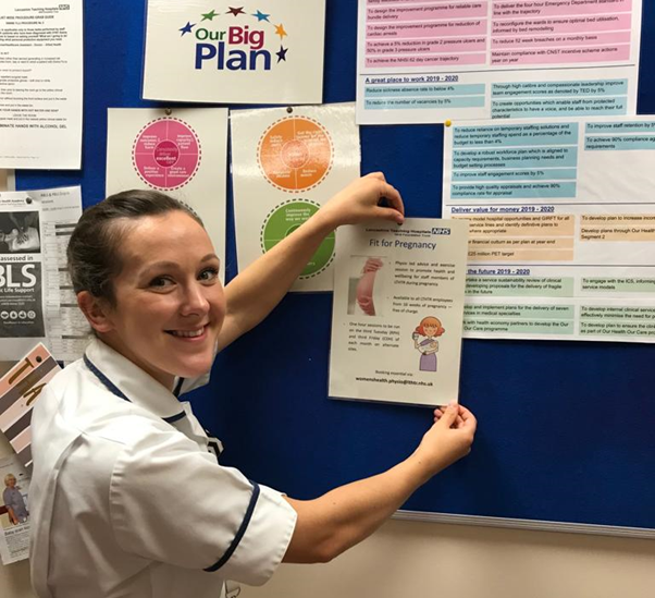 WHphysioLTH's tweet photo. WH physio Katie putting up posters for our new class 'Fit For Pregnancy' available to all LTHTR staff 16weeks pregnant and over. Giving our staff advice and strategies to stay fit and active through their pregnancy #24hours #coretherapies @anitatheOT @clairegranato @Jenmindfulbod https://t.co/nMN9FrN8yU
