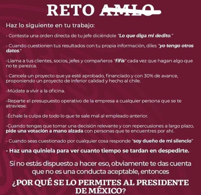 SuperZapper's tweet photo. @jorgesuarezv Entrale al #RETOAMLO 

#Chairos 
#AmloElFracasoPresidencial 

#elproblemaeslopez https://t.co/4mrneDtrf3