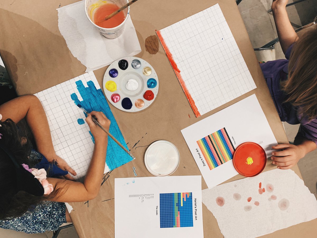 learningcodeywg's tweet photo. @wag_ca Taking code off of the computer and onto the canvas! Yesterday the campers at @wag_ca used code to create pixel art and today they're making their designs into IRL art. https://t.co/NuTGQ0w39d