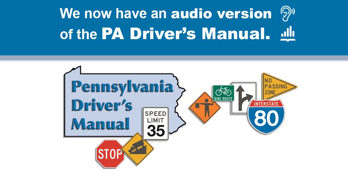 PennDOTNews's tweet image. Did you know we have an audio version 🎧 of the PA Driver’s Manual (non-CDL) available on our website? 

This is a convenient way to study the manual on the go. Learn more about how to #StudyOnTheGo at bit.ly/2oNt82O.