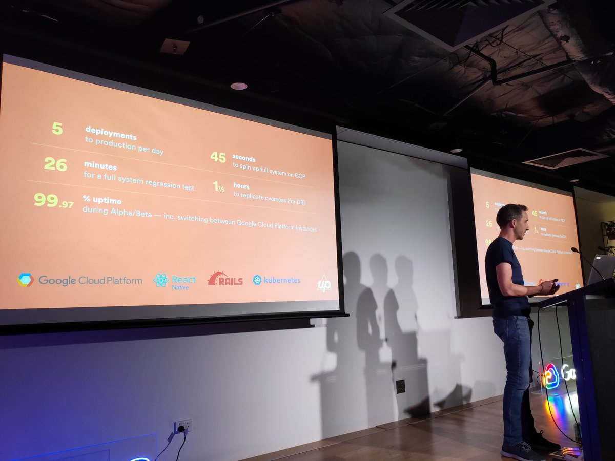 polleyg's tweet photo. Superb talk from @mtcmorris to the Google Cloud community in Melbourne this evening. Some serious stats about @up_banking and their 100K users here:

🤯 5 prod deploys day
🤯 45s to spin up a full system on #GCP

Woo-ha! https://t.co/nqebPn6cle