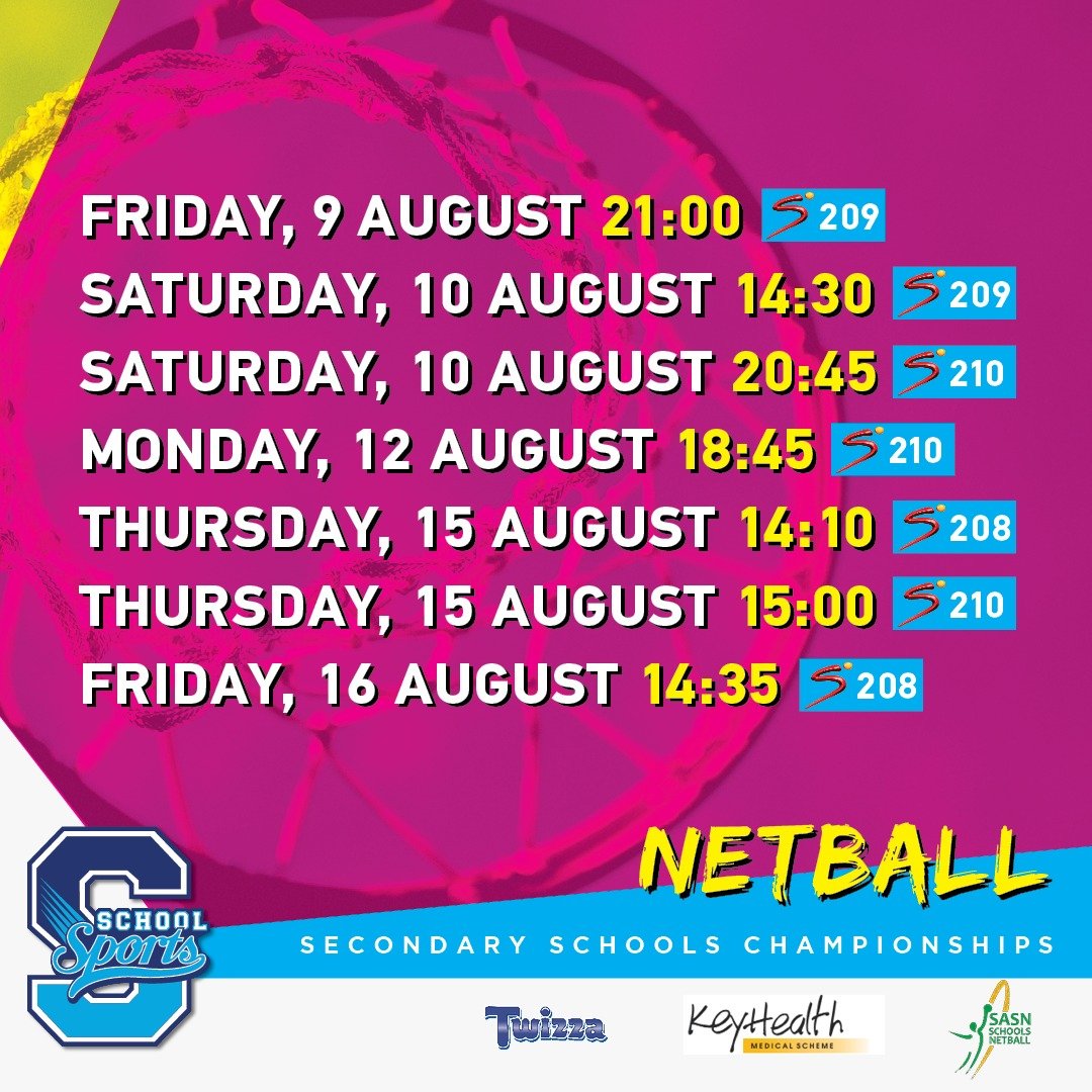 ALERT !!! 👑🎉 Set a reminder! Set an alarm! Make sure you catch the SASN Secondary Schools Championships highlights broadcast LIVE on @SuperSportTV! 📢 Proudly brought to you by @SASN_netball, @Twizza_ZA and @keyhealth_sa 🎉 #SchoolsNetball