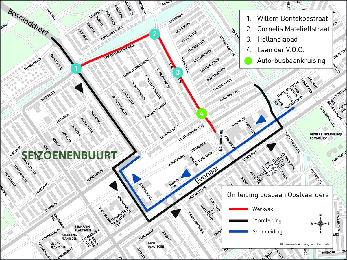almere's tweet photo. Tussen 12 augustus en 15 augustus wordt er gewerkt aan de busbaan tussen halte Laan der VOC/Station Oostvaarders &amp; de Willem Bontekoebrug. De bussen worden omgeleid, kleine busjes rijden via de Cornelis Matelieffstraat om reizigers naar de bus te brengen. https://t.co/Kxz7vjzOHn https://t.co/pVhc5cozdW