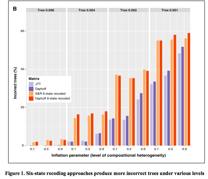 Whitney_Lab's tweet photo. New #RyanLab preprint from @xelamarie92 evaluating 6-state recoding w simulations. "Six-state amino acid recoding is not an effective strategy to offset the effects of compositional heterogeneity and saturation in phylogenetic analyses."  https://t.co/whRsj9bA2g https://t.co/9AkPaGA2x8