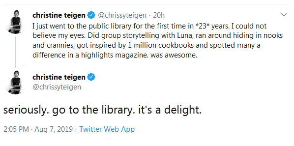 KCPLRef's tweet photo. Going to the library is a delight! We're glad to see that @chrissyteigen enjoyed her time at her local.
Our locations https://t.co/0sNzOhOyPN
#LovingMyLibrary https://t.co/UvEu15WIqj