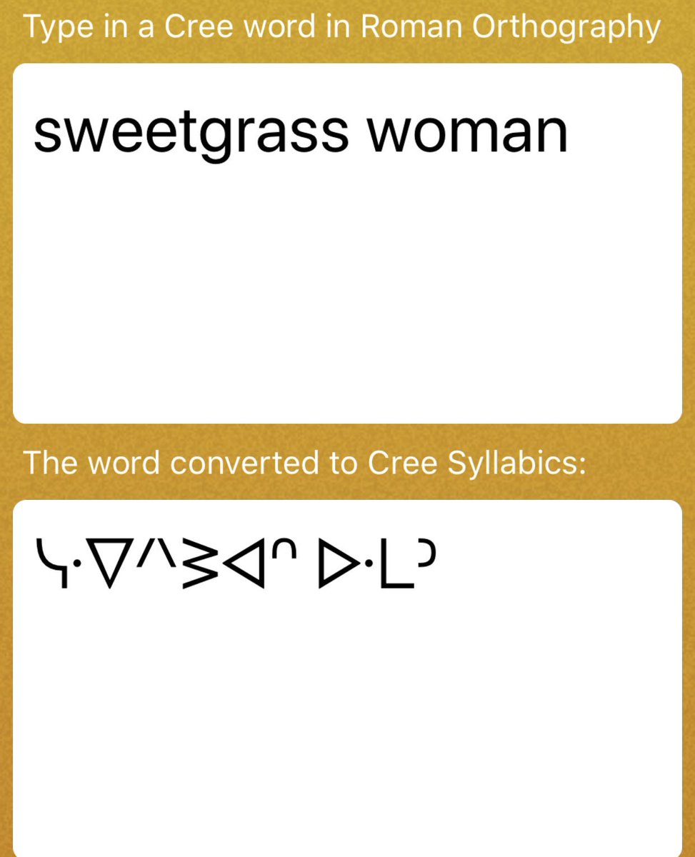 TheSheilaNorth's tweet photo. In between takes at the studio, I came across an app that converts english words into Cree syllabics. I wonder how accurate this is! Looks cool though. #Cree #mynames https://t.co/qJ0sjAVrFK