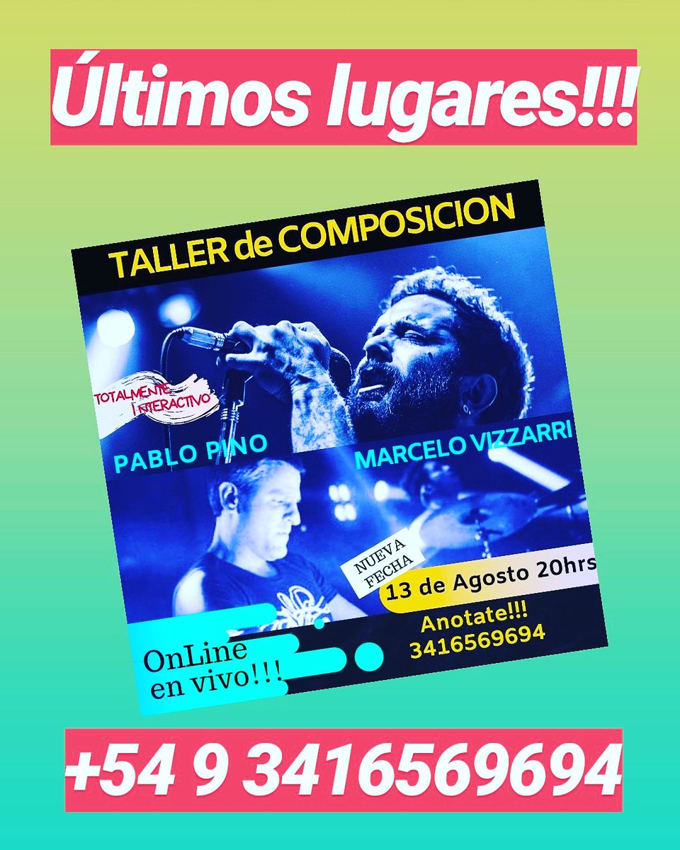 MusicaInstituto's tweet photo. Últimos días!! +54 9 3416569694
Taller Online de Composición de Canciones a cargo de @chelovizzarri y #pablopino 

#BuenJueves #BuenosDiasATodos #FelizJueves #Talleres #onlinedating #onlinelearning #clases https://t.co/hLxwV6Qv3W