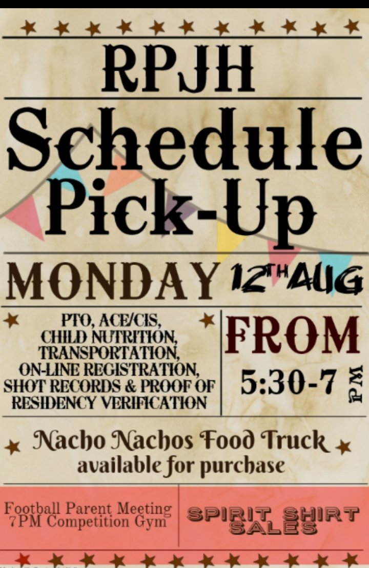 CounselorsRpjh's tweet photo. It's go time Razorbacks. Come pick up your schedules and grab a bite to eat! #newschoolyear  #razorbackready https://t.co/U91cTgp6sX