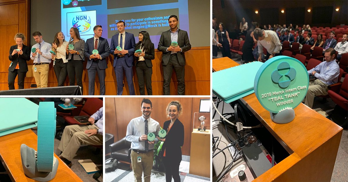 MerckIMInspired's tweet photo. We had a great time earlier this week hosting our own "Teal Talk" competition for interns and co-ops. Several Merck team members acted as sharks and judged the competition. We even had some awesome 3D printed trophies! #AtMerckImInspired #MerckInterns2019 https://t.co/uhE8pMcWV1