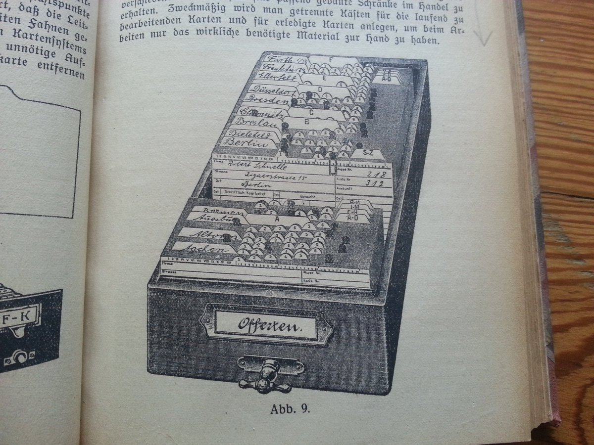 jochenfm's tweet photo. Look what arrived in post today – handbooks on bureau organization &amp; #cardfiles 1920-50. Note the tiny card file box, the latest thing in 1920s offices. Only 10 years later, their organization &amp; maintenance would fill whole books such as that on “Kartei-Gestaltung” #histpaperwork https://t.co/1RgYnwGghl