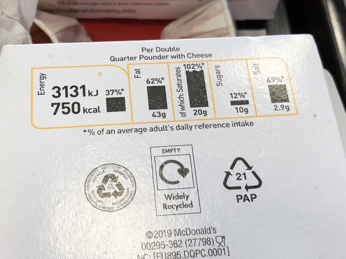 Velocifer0's tweet photo. @McDonalds New #DoubleQuarterPounder tastes amazing but how do you morally sell a single portion product with 102% RDA saturated fat? Can’t even say it’s part of a balanced diet with 102% 😂 @Channel4 #tricksoftherestauranttrade https://t.co/lfeGIJ3URi