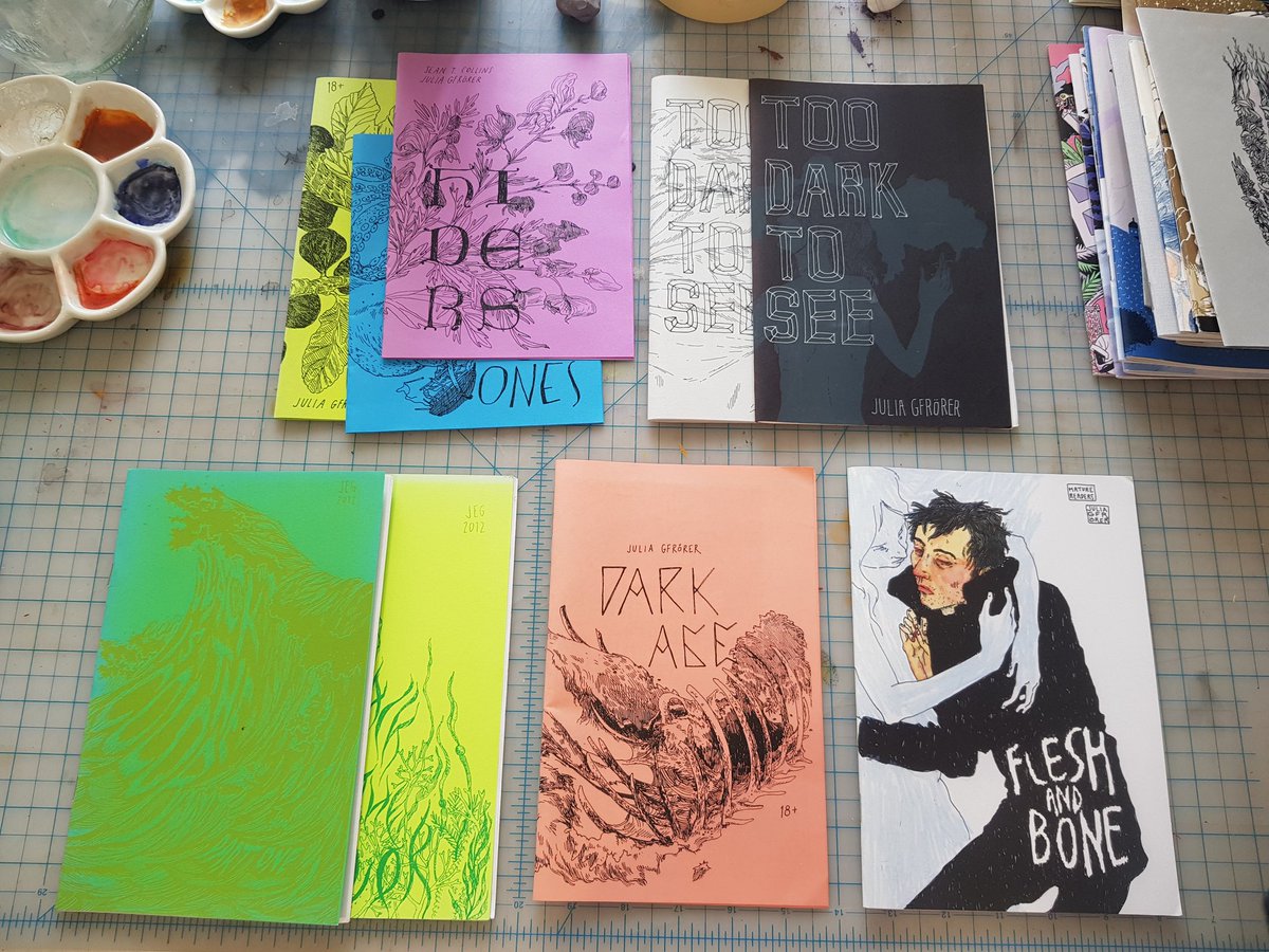 Julia's work changed me, made me look at art in a completely different way than I had before. Her drawings are exquisite. Her process is exactly as she describes in her post, though sometimes she'll get fancy with a screen printed cover.  @thorazos