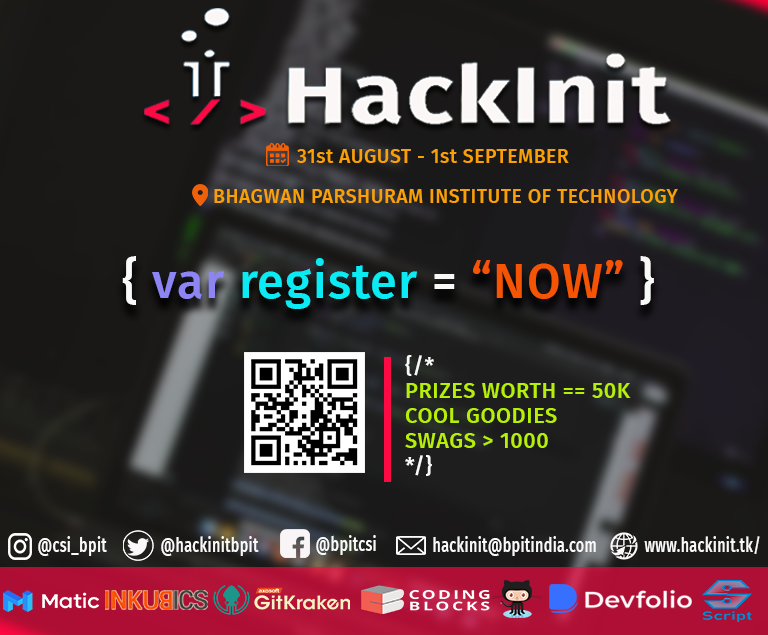 hackinitbpit's tweet photo. Pull up your socks and get ready to witness the best 24hrs, because the wait for HackInit is over and is scheduled on 31st August-1st September.

It's high time to get yourself register for the magnificent event!

The link for registration is:

https://t.co/yEgnSWTiaF https://t.co/CEvc2TSAer