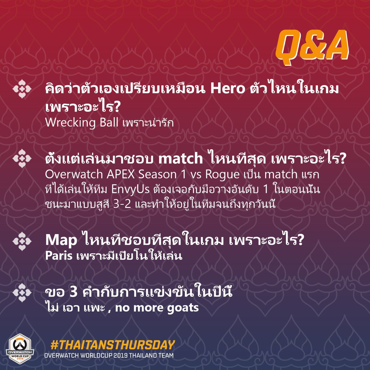 Overwatch_Thai's tweet photo. #ThaitansThursday

สัปดาห์นี้เรามาแนะนำผู้เล่นผู้เป็นดาวจรัสฟ้าประจำทีมชาติไทย รวมไปถึงยังเป็นซุปเปอร์สตาร์ที่ดังไกลระดับโลก

วันนี้เรามาทำความรู้จักกับ มิกกี้ ปองภพ รัตนแสงโชติ (@MickiePP) กันดีกว่า

#Thaitans https://t.co/ITwQagIAYN