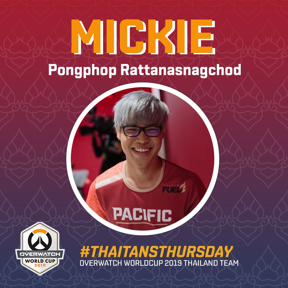 Overwatch_Thai's tweet photo. #ThaitansThursday

This week, we would like to introduce our superstar of the #Thaitans team, and globally.

Today, let us introduce to you our player, Mickie Pongphop Rattanasnagchod (@MickiePP)! https://t.co/RpV3Pu1GnK
