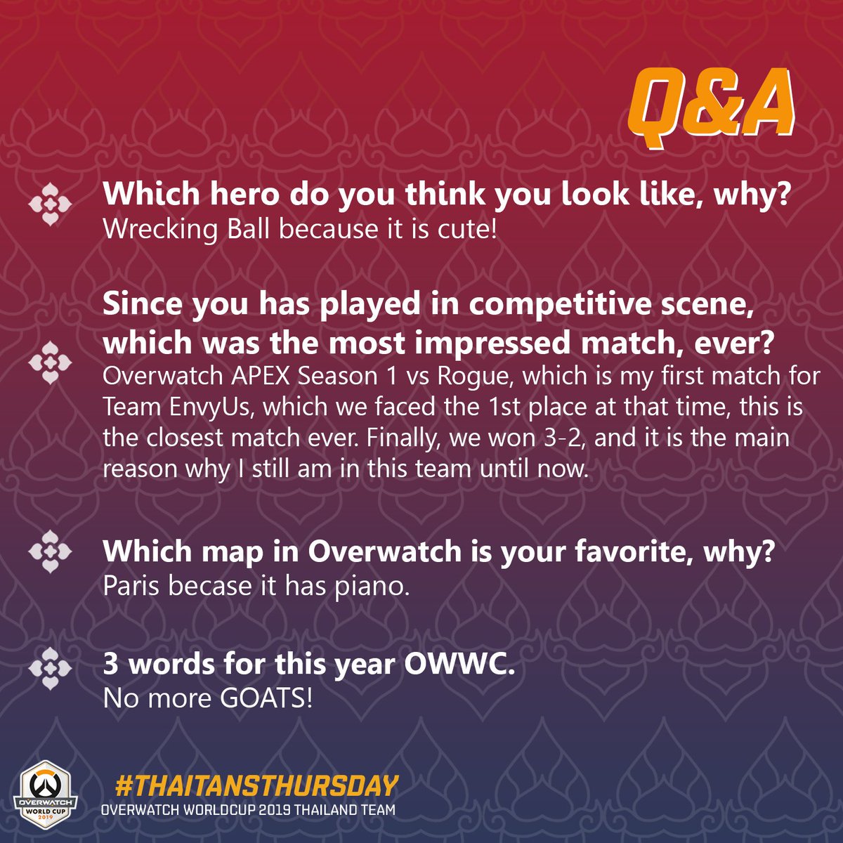 Overwatch_Thai's tweet photo. #ThaitansThursday

This week, we would like to introduce our superstar of the #Thaitans team, and globally.

Today, let us introduce to you our player, Mickie Pongphop Rattanasnagchod (@MickiePP)! https://t.co/RpV3Pu1GnK