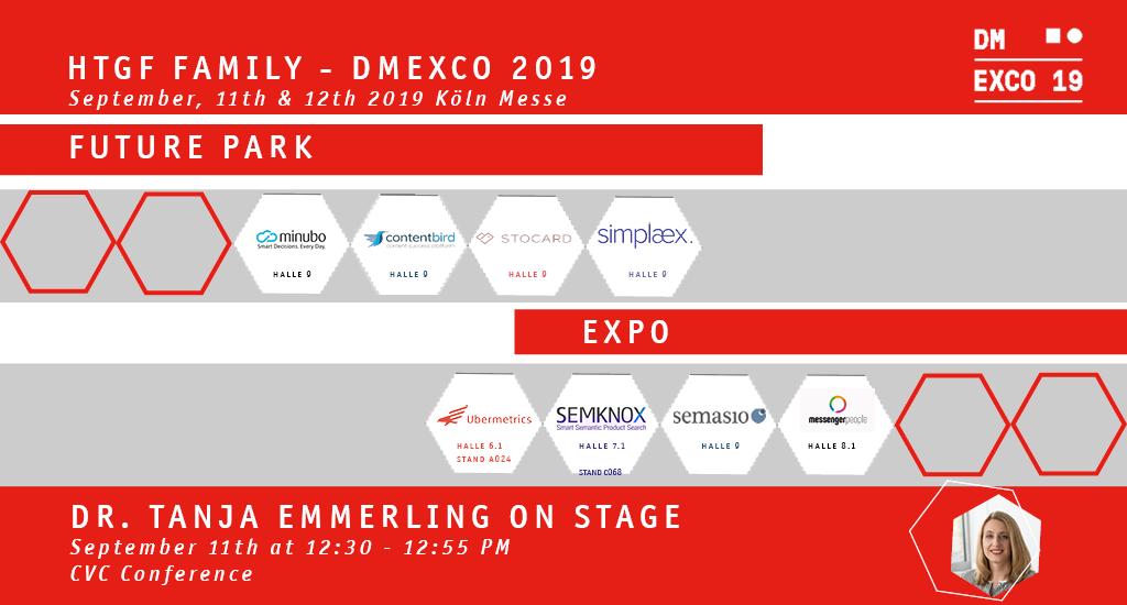 HTGF Family DMEXCO19 - Logos of the companies joining the Future Park or EXPO as well as an image of Dr. Tanja Emmerling who will be on stage at CVC.