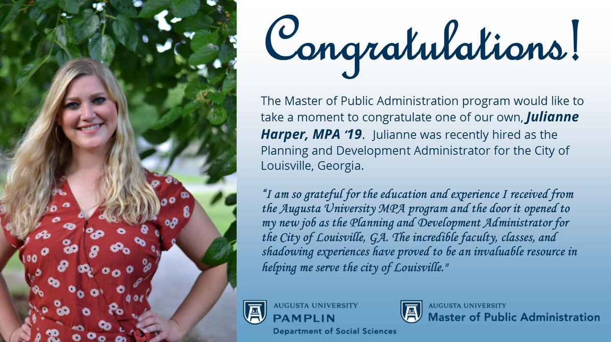 aug_mpa's tweet photo. Congratulations to Julianne Harper for her new position! We love seeing what our MPA students and alumni accomplish!
#transformingcommunities #MPAwarrior #GoPublicService @aug_mpa @aug_pamplin @aug_socsci #StrongerTogether #MPANews https://t.co/4gwKJUHSvW