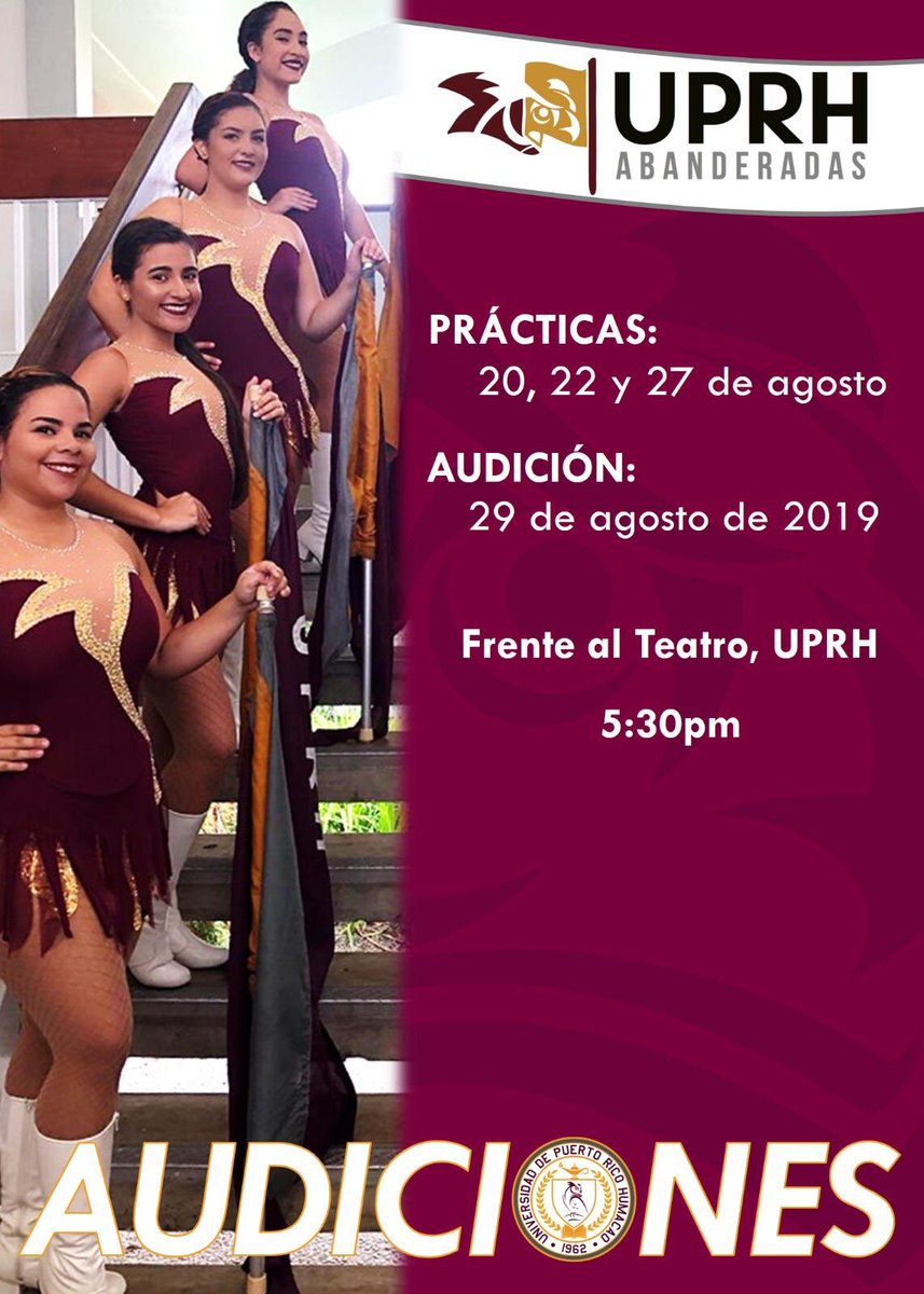 Banderasuprh's tweet photo. AUDICIONES DE ABANDERADAS UPRH 2019
¡Anímate a ser parte de nosotras!
Requisitos:
* ser estudiante de UPRH
* 2.50 o más de promedio 
* 12 créditos mínimos matriculados 
Vestimenta:
* ropa deportiva y zapatos cerrados 
*Habrá venta de refrigerios*
¡Los esperamos! https://t.co/M5U1TUDp4W