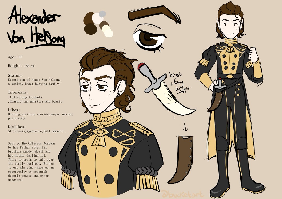 bucketart's tweet image. oops i slipped and made a FE3H oc.... 
Alexander Von Helsong is the second son and currently set to inherit the Vos Helsong business after the sudden death of his brother. Sent to the Officers Academy to train while his father takes care of other family business.