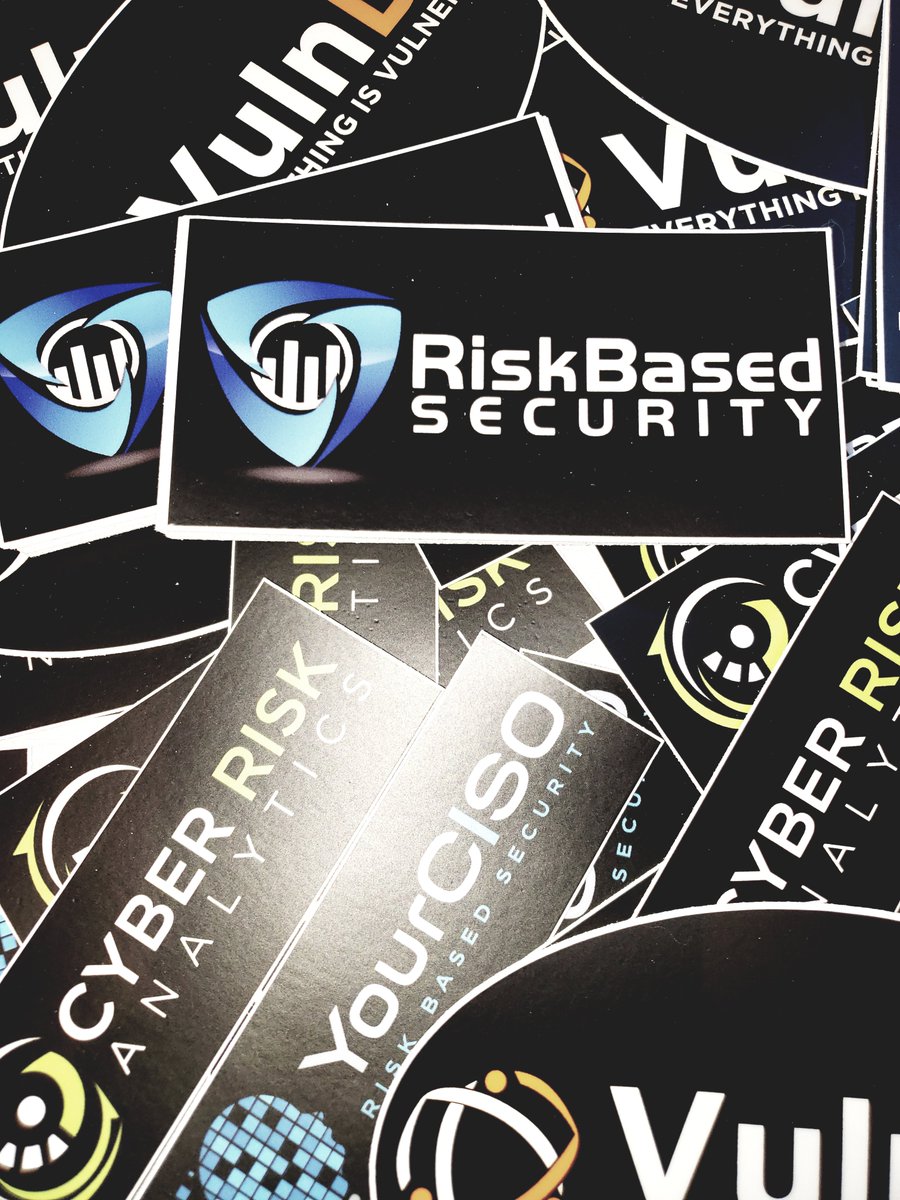 RiskBased's tweet photo. Find all of our legacy stickers before they're gone for good! Stop by the @dcstickerswap table and see the a-"peel" for yourself, maybe if you "sticker"-round you can find one of our #VulnDB flyswatters and slap one on it... #stickerlife https://t.co/l64mYkAEA6