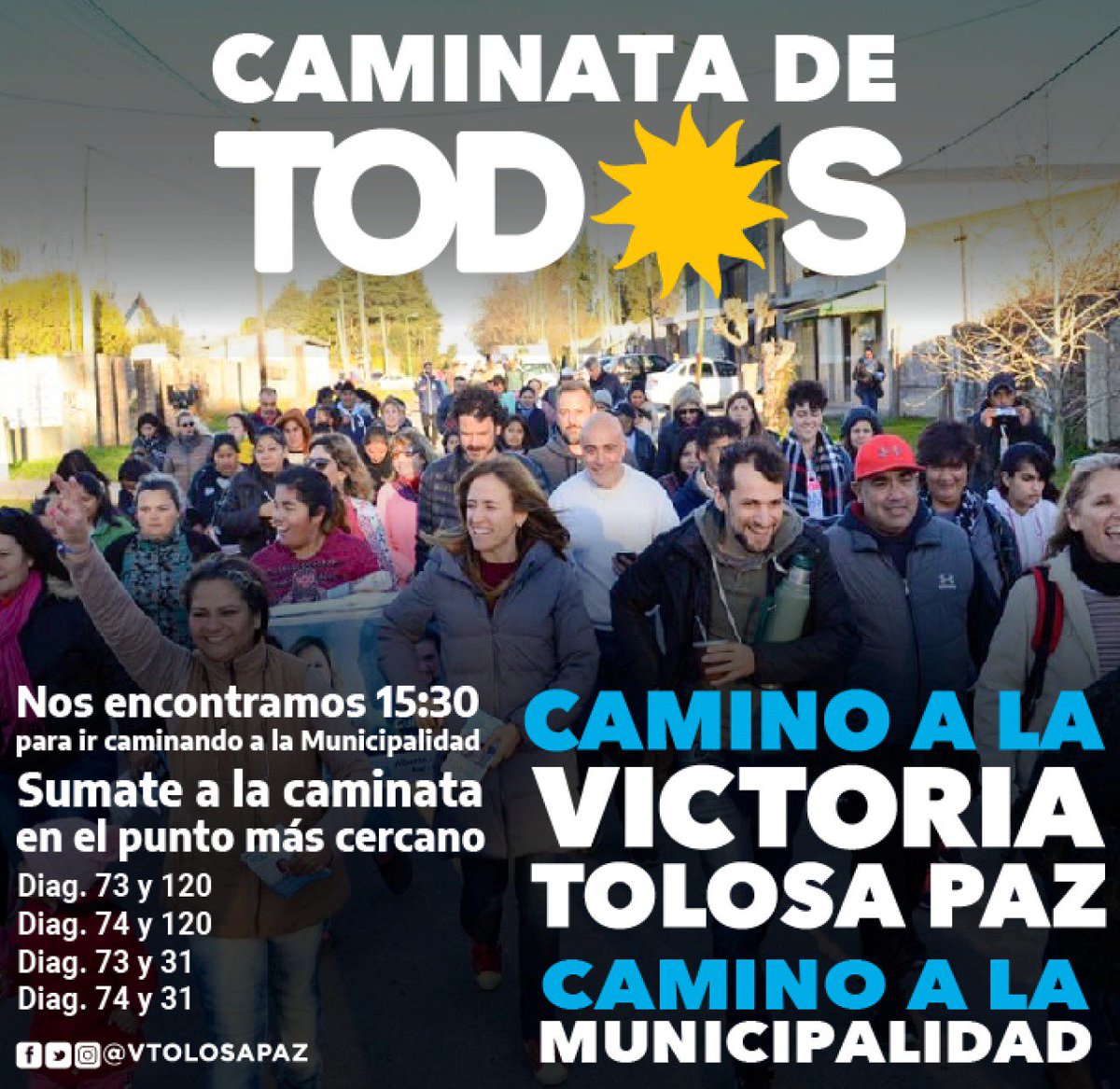 Esta campaña se cierra con la impronta de todo este camino.
Recorriendo la ciudad, al lado de los vecinos y vecinas, escuchando y compartiendo propuestas.
¡Hoy acompañamos a <a href="/vtolosapaz/">Victoria Tolosa Paz</a>
en la calle y el domingo en las urnas!

#CaminoALaVictoria
#ConVictoriaGanamos TOD☀️S