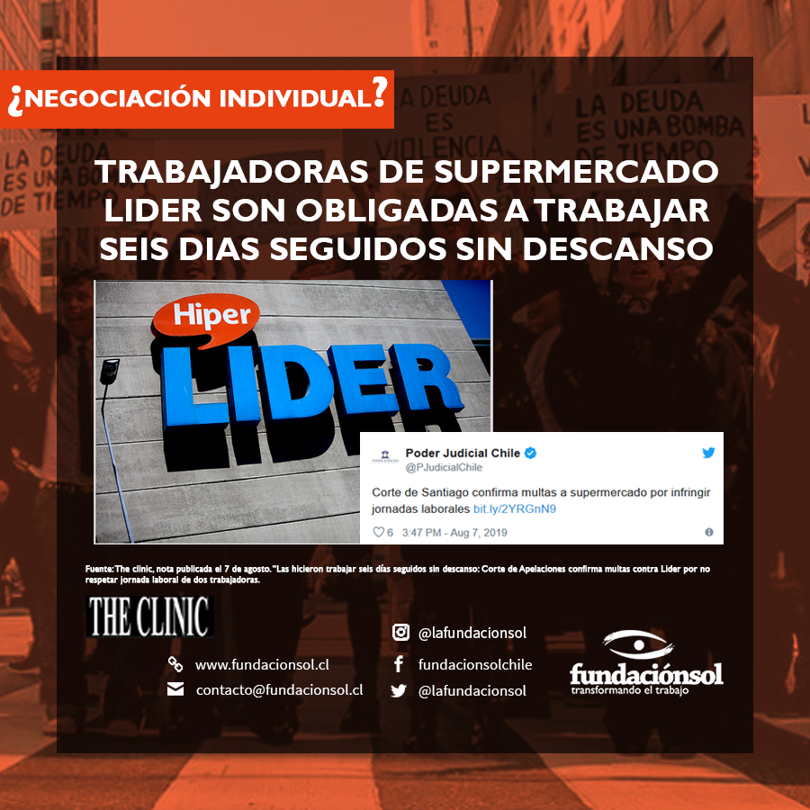 lafundacionsol's tweet photo. En Chile, la posibilidad de negociar individualmente la jornada es una ficción. Aquí un claro ejemplo: Corte de Apelaciones confirma multa contra Lider por no respetar jornada laboral de dos trabajadoras y obligarlas a trabajar 6 días seguidos sin descanso https://t.co/F03DWBSvQN https://t.co/jsZ0rOiOsp