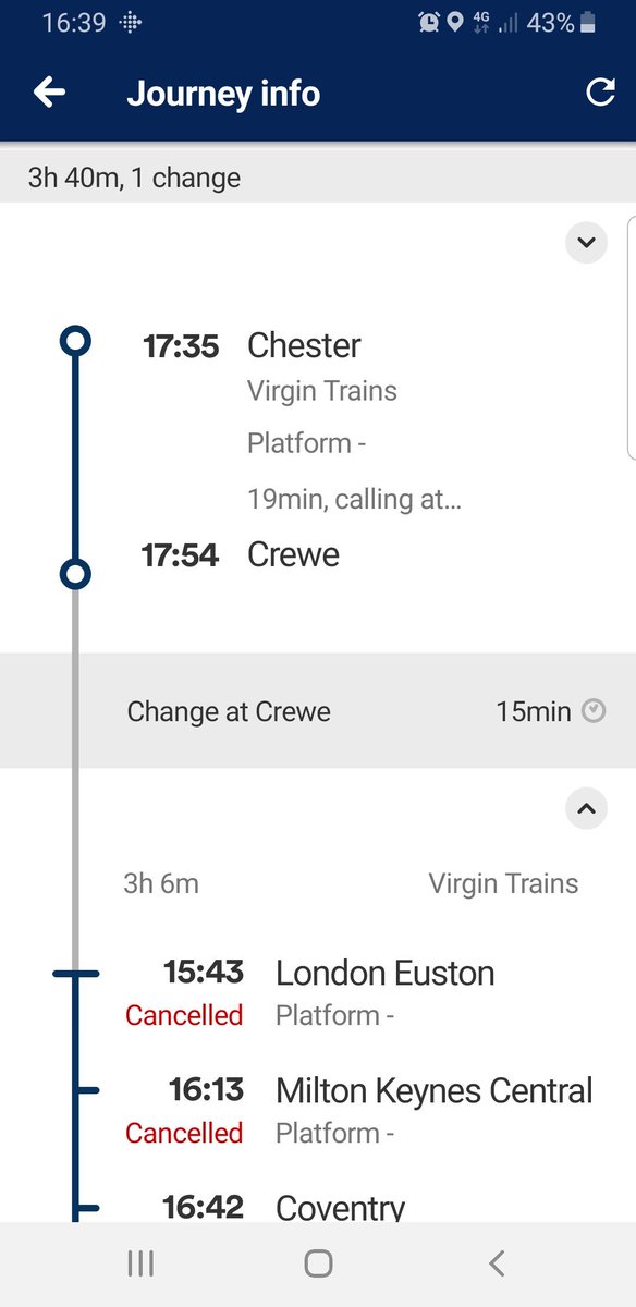 EmSharpes's tweet photo. @VirginTrains my train from Chester to Glasgow with the crewe change from the london euston 15.43 train is now cancelled. As I cannot get to Glasgow how can I now go about getting a refund? https://t.co/2Fv2NJ0MQ4