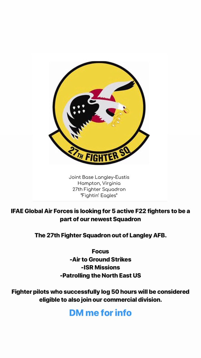 IFAEGAFNews's tweet photo. Our military branch GAF [Global Air Forces] has officially opened the 27th Fighter SQ based out of Langley AFB. 

We are looking for experienced F22 pilots who have a passion for military aviation and effective communication skills. https://t.co/rIqvzhI9nJ