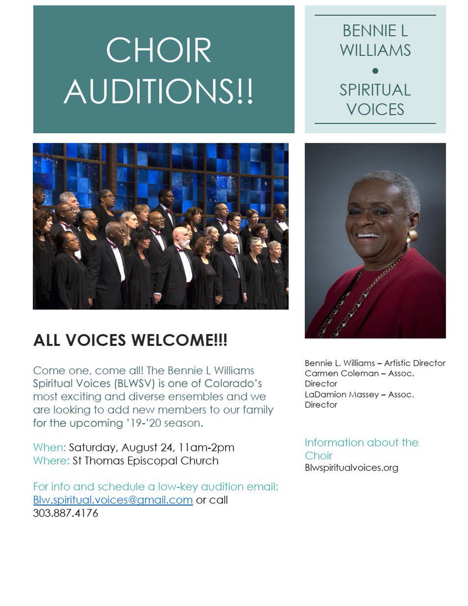 BLWSpiritVox's tweet photo. CALLING ALL SINGERS!!! Come join the most diverse choir in Denver as we begin another season of celebrating the rich history of the African American spiritual. #Denver #denvermusic #spirituals #choir #choralmusic #voice #singers #diversity #unity #loveoneanother https://t.co/g7weMjJSgU