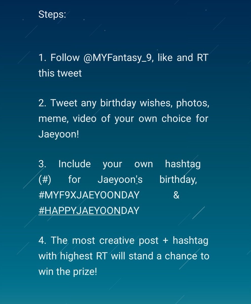 MYFantasy_9's tweet photo. [Birthday GA] JAEYOON BIRTHDAY CELEBRATION GIVEAWAY!

Let's celebrate Jaeyoon's 26th birthday together! MyFantasy_9 is doing a giveaway for Jaeyoon's birthday! One lucky winner will be chosen from the entry!

Include tags :  ( your  #) + #MYF9xJAEYOONDAY #HAPPYJAEYOONDAY https://t.co/awJtGf20dc