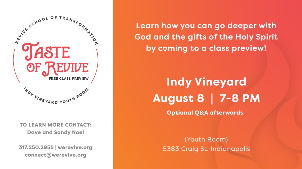 we_revive's tweet photo. "Taste of Revive ... tonight (Thur) at 7PM at Indy Vineyard--Youth Room! @indyvineyard https://t.co/jTUGZCPePw