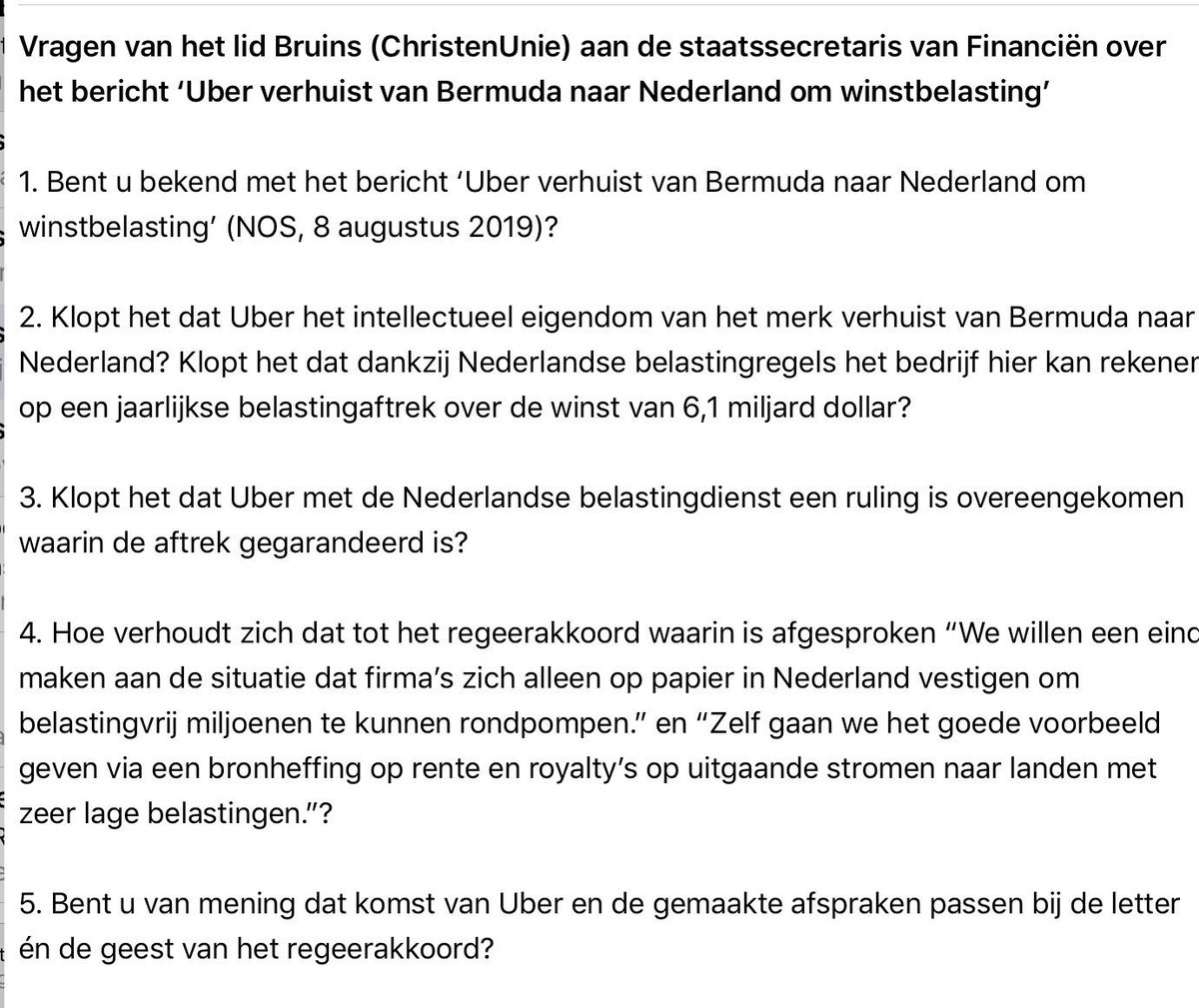 Verbaasd om te horen dat Uber zijn intellectueel eigendom verplaatst van Bermuda naar Nederland. En dat er afspraken met de Nederlandse Belastingdienst zijn dat er geen belasting wordt betaald over de eerste 6 miljard euro. Daarom vragen👇