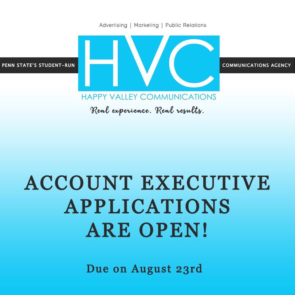 happyvalleycomm's tweet photo. Account Executive applications are now open! Applications will be due at MIDNIGHT on August 23rd. If you are interested, please email your resume and completed application to happyvalleycomm@gmail.com. Best of luck and have a great rest of your summer! #HVC2019 https://t.co/dUVrD1yVxD