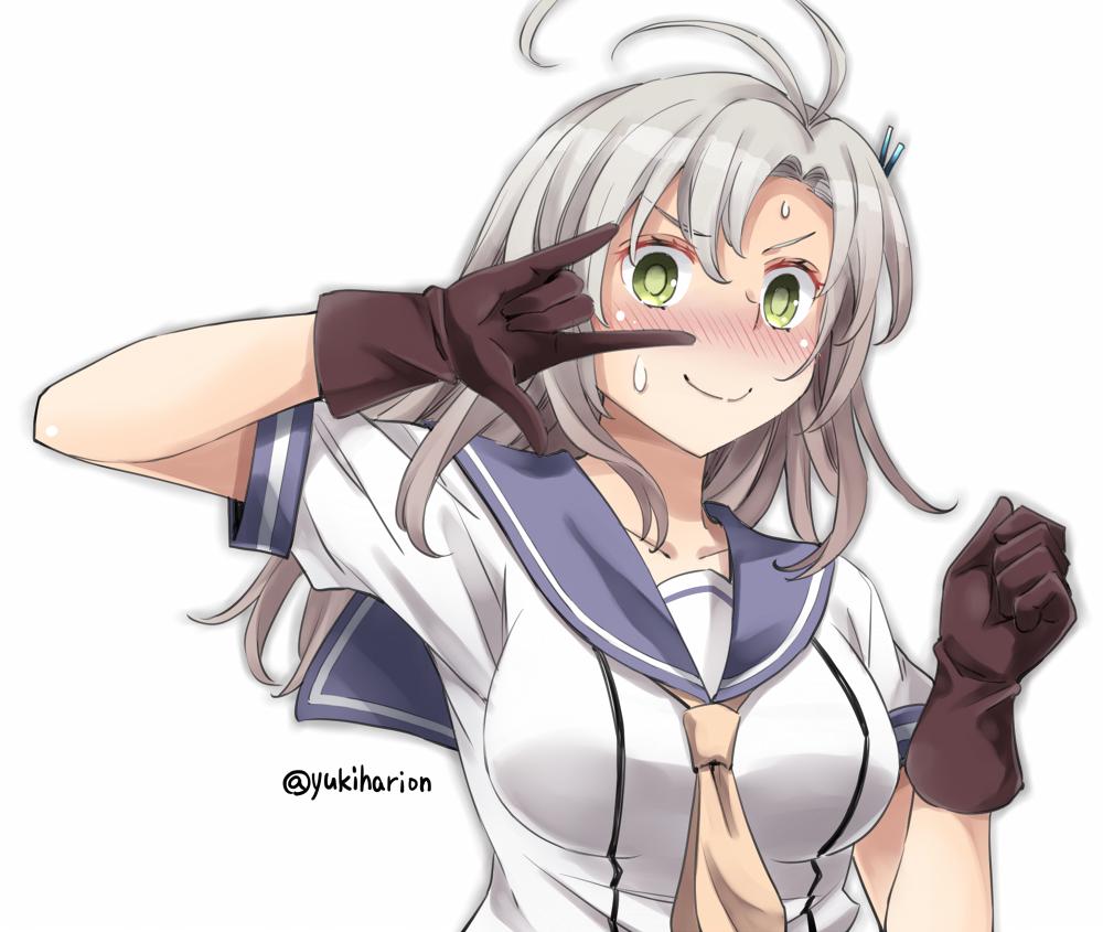 kinugasa (kancolle) 1girl solo gloves green eyes school uniform serafuku yellow necktie  illustration images