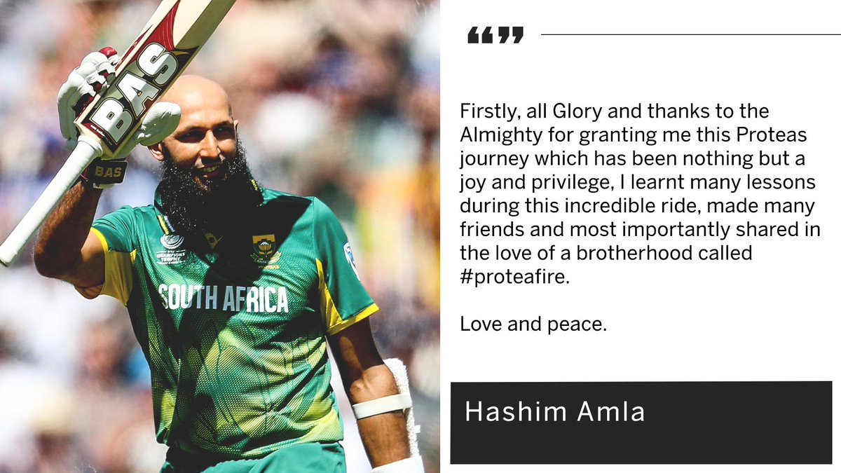atharrx's tweet photo. One of the greatest batsman, One of the greatest human being & One of the greatest sportsman #Hashim_Amla announces retirement from International Cricket. 😭💔
We'll miss you ❤ https://t.co/yVag3aWccb