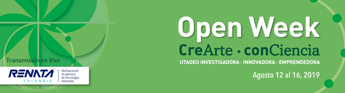RENATAColombia's tweet photo. Nos unimos al #OpenWeek2019, la semana de la investigación, la innovación y el emprendimiento de la Tadeo. Sigue la transmisión en vivo del 12 al 16 de agosto aquí: https://t.co/U8e3z96zil https://t.co/OC68EhAthf