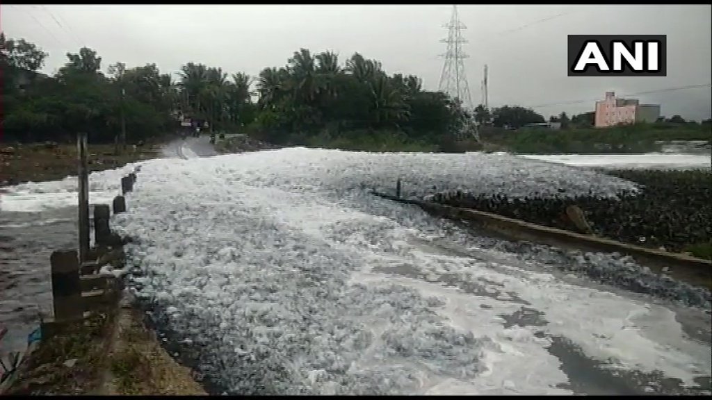 ANI's tweet photo. Tamil Nadu: Heavy discharge of toxic foam from textile factories seen on river Noyal in Coimbatore, foam also spills over on the roads. https://t.co/zE5Xd2DQLG