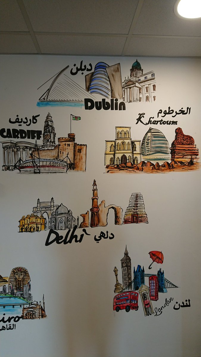 MuralsWallArtJB's tweet photo. Class names finished on the corridor wall @ZaytounaS
Classes are named after a mixture of British cities and Arabic cities. 
Cities written in English and Arabic
#muralartist #wallmurals #primaryschool #children #britishcities #arabiccities #classnames #derbyshire https://t.co/7RrsI5HC0A