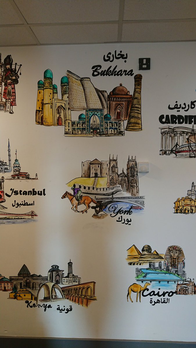MuralsWallArtJB's tweet photo. Class names finished on the corridor wall @ZaytounaS
Classes are named after a mixture of British cities and Arabic cities. 
Cities written in English and Arabic
#muralartist #wallmurals #primaryschool #children #britishcities #arabiccities #classnames #derbyshire https://t.co/7RrsI5HC0A