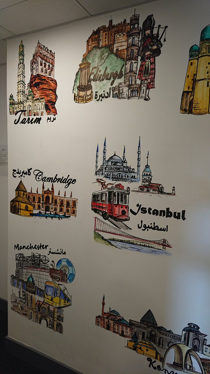MuralsWallArtJB's tweet photo. Class names finished on the corridor wall @ZaytounaS
Classes are named after a mixture of British cities and Arabic cities. 
Cities written in English and Arabic
#muralartist #wallmurals #primaryschool #children #britishcities #arabiccities #classnames #derbyshire https://t.co/7RrsI5HC0A