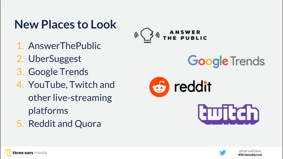 ThreeEarsMedia's tweet photo. Where to look for candidates. https://t.co/oiPKTcOBOO @SHRM @KatrinaKibben #writetorecruit @Twitch @reddit @answerthepublic @GoogleTrends https://t.co/n35SFcjPw8