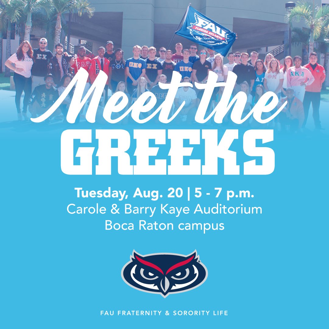 Officially less than two weeks away from Meet the Greeks!!! 

Don’t miss out on this great opportunity to talk with members of every organization! ❤️💙

 #fau #faugreeks #faustudentlife #faupanhellenic #fauifc #faunphc #faumgc #fau2023 #fau2022