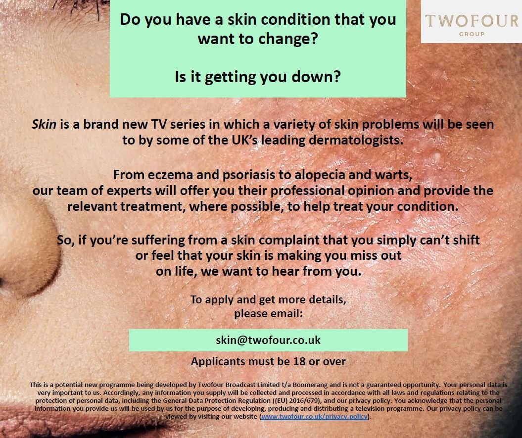 BRAND NEW SERIES!

We are looking for people living with skin conditions that would love the opportunity to be seen by the some of the UK's leading dermatologists!

Sound like you or someone you know? Email us at skin@twofour.co.uk

🎥☺️❤️

#SkinCondition #TVcasting