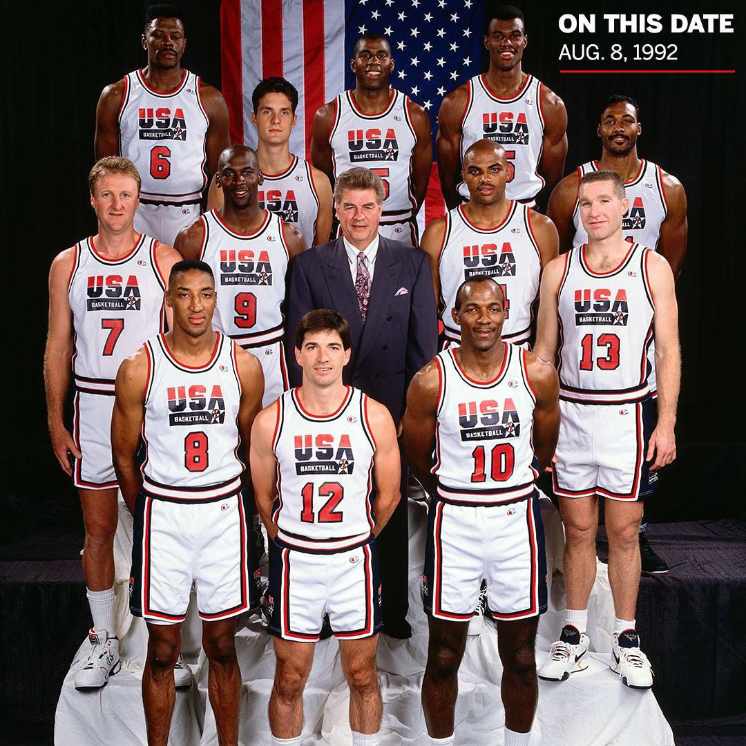 espn's tweet photo. 27 years ago today, The Dream Team captured 🥇 in Barcelona at the 1992 Olympics 🇺🇸 https://t.co/KtzD8IluaZ
