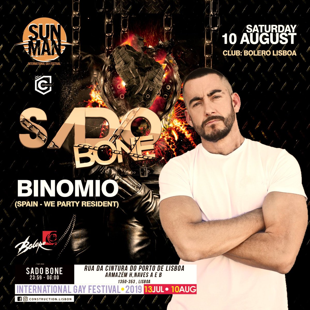 DjNunoScuba's tweet photo. Sábado 10 Agosto // Festa SADO BONE // Encerramento do festival Gay de Verão SUNMAN - by Construction Lisbon Club.

Line up: 

Binomio (WE Party Resident DJ)
Rodolfo Bravat (International Guest DJ)
Miss Nutz (Guest DJ)
Nuno Scuba (Construction Resident DJ)

No Bolero as 23h59! https://t.co/ozdeeKd56y